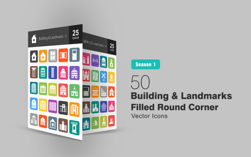 50 Buildings & Landmarks Filled Round Corner Icon Set