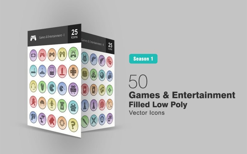 50 Games & Entertainment Filled Low Poly Icon Set