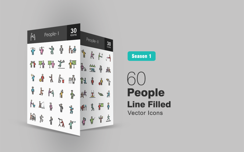 60 People Filled Line Icon Set