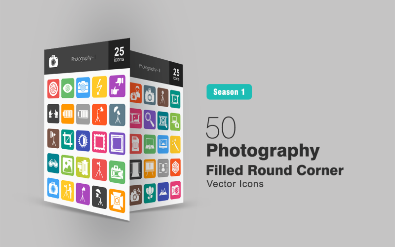 50 Photography Filled Round Corner Icon Set