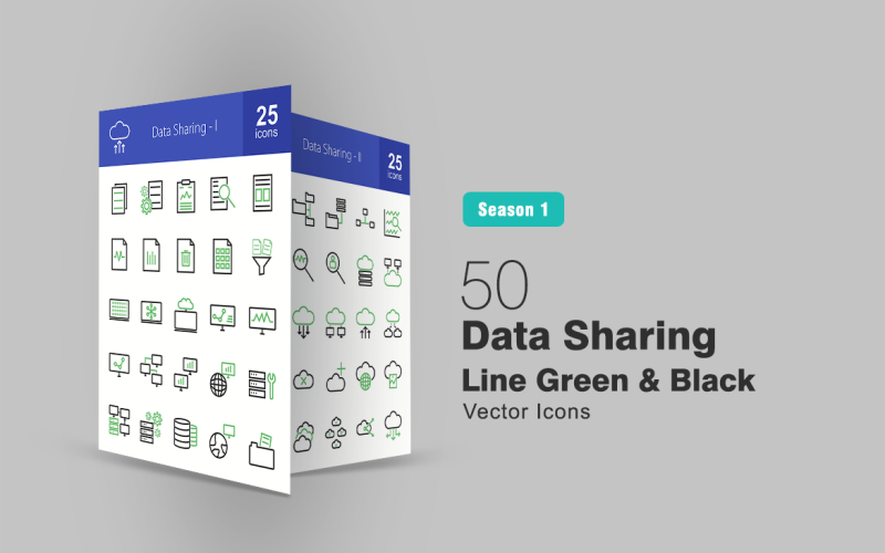 50 Data Sharing Line Green & Black Icon Set