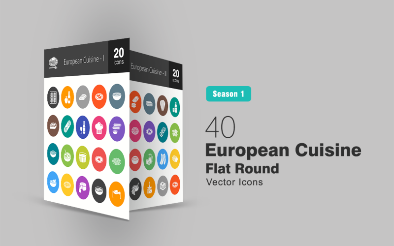 40 European Cuisine Flat Round Icon Set