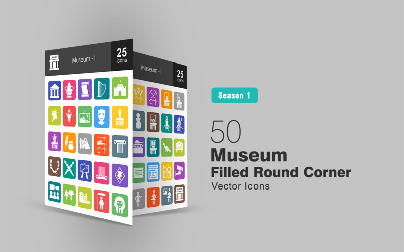 50 Museum Filled Round Corner Icon Set