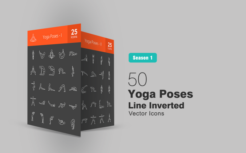 50 Yoga Poses Line Inverted Icon Set