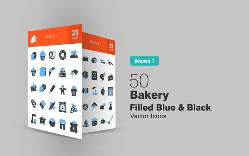 50 Bakery Filled Blue & Black Icon Set