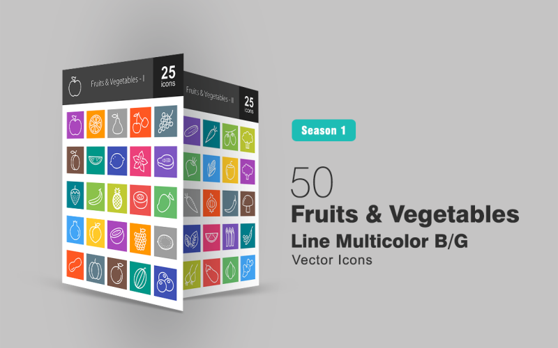 50 Fruits & Vegetables Line Multicolor B/G Icon Set