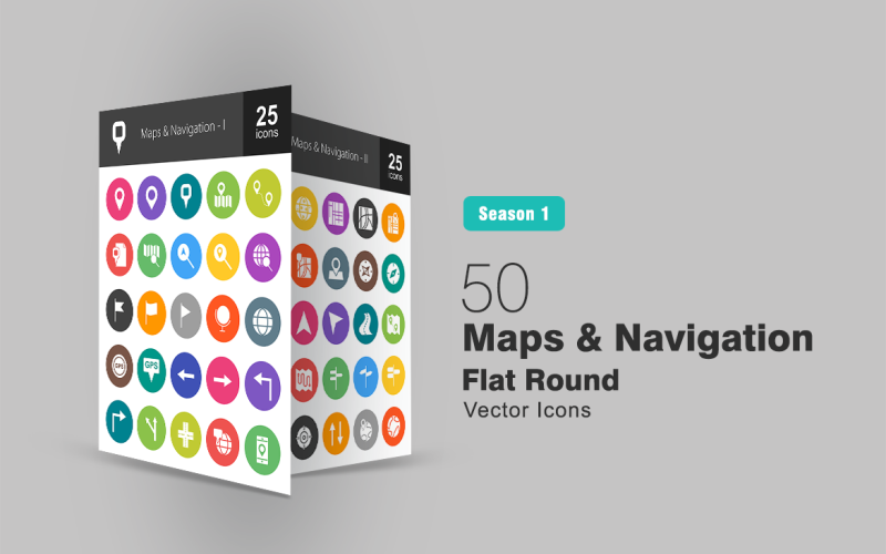 50 Maps & Navigation Flat Round Icon Set
