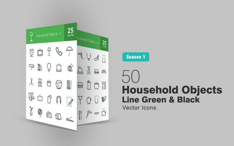 50 Household Objects Line Green & Black Icon Set