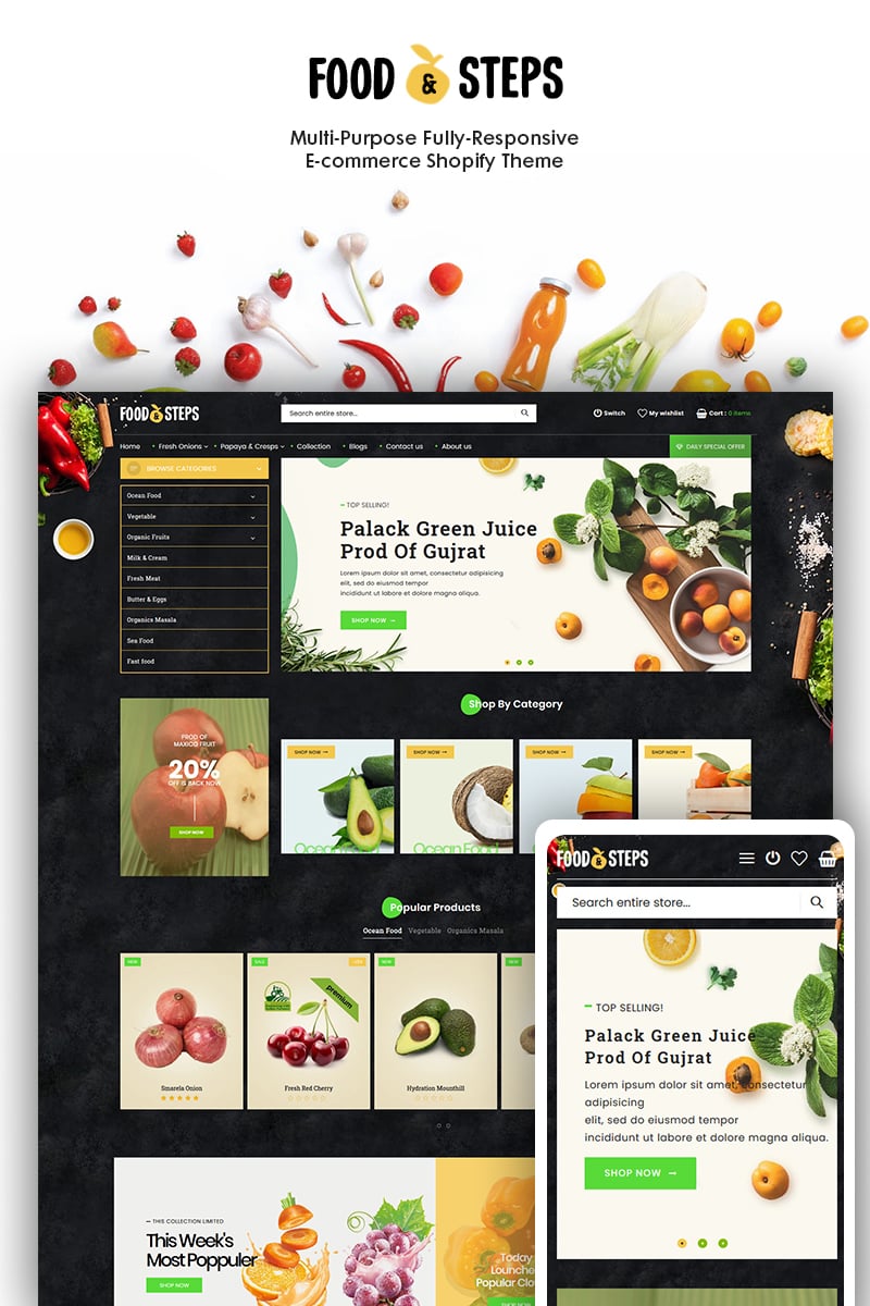 Modello Shopify Responsive #93284 "Food Steps - The Organic & Food Responsive"