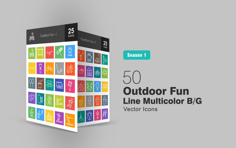 50 Outdoor Fun Line Multicolor B/G Icon Set