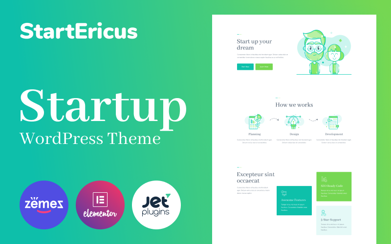 "StartEricus - Clean and Minimalistic Startup Landing Page" 响应式WordPress模板 #93491