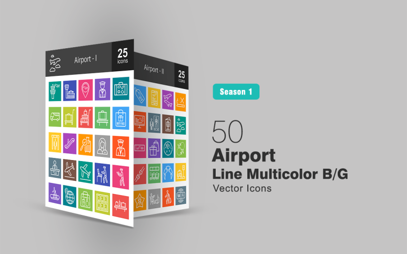 50 Airport Line Multicolor B/G Icon Set