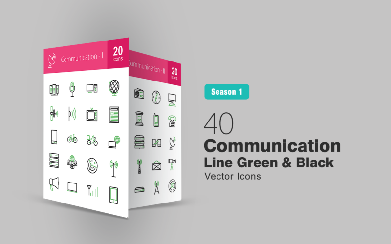 40 Communication Line Green & Black Icon Set