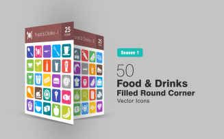 50 Food & Drinks Filled Round Corner Icon Set