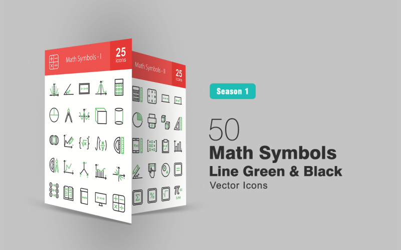 50 Math Symbols Line Green & Black Icon Set