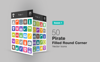 50 Pirate Filled Round Corner Icon Set