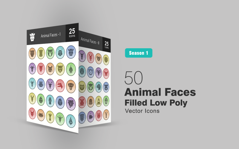 50 Animal Faces Filled Low Poly Icon Set