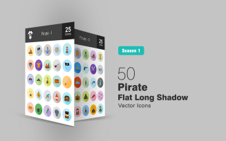 50 Pirate Flat Long Shadow Icon Set
