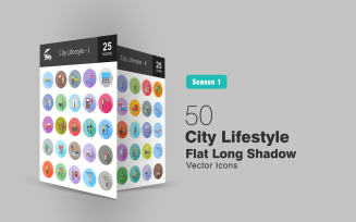 50 City Lifestyle Flat Long Shadow Icon Set