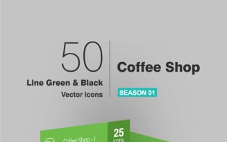 50 Coffee Shop Line Green & Black Icon Set