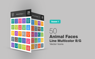 50 Animal Faces Line Multicolor B/G Icon Set