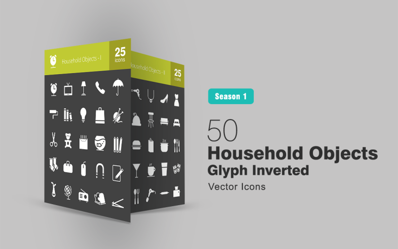 50 Household Objects Glyph Inverted Icon Set