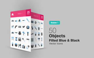 50 Objects Filled Blue & Black Icon Set