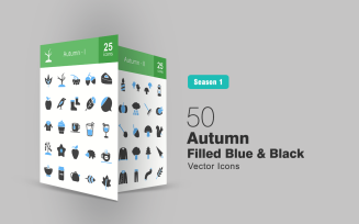 50 Autumn Filled Blue & Black Icon Set