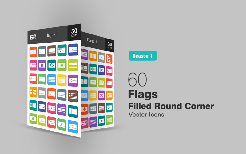 60 Flags Filled Round Corner Icon Set