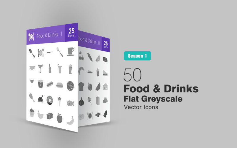 50 Food & Drinks Flat Greyscale Icon Set
