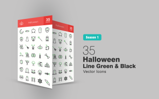35 Halloween Line Green & Black Icon Set