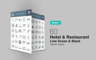 60 Hotel & Restaurant Line Green & Black Icon Set