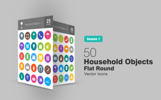 50 Household Objects Flat Round Icon Set