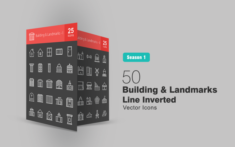 50 Buildings & Landmarks Line Inverted Icon Set