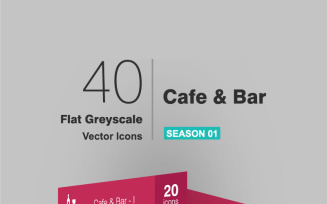 40 Cafe & Bar Flat Greyscale Icon Set