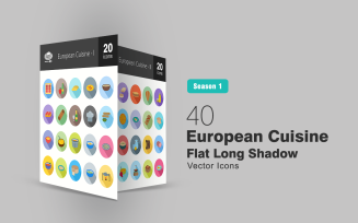 40 European Cuisine Flat Long Shadow Icon Set