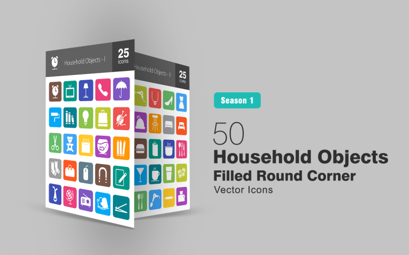 50 Household Objects Filled Round Corner Icon Set