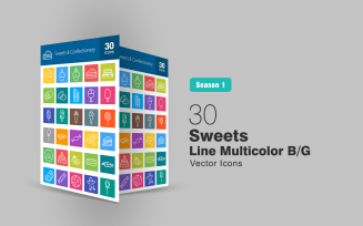 30 Sweets & Confectionery Line Multicolor B/G Icon Set