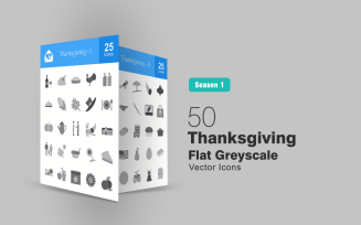 50 Thanksgiving Flat Greyscale Icon Set