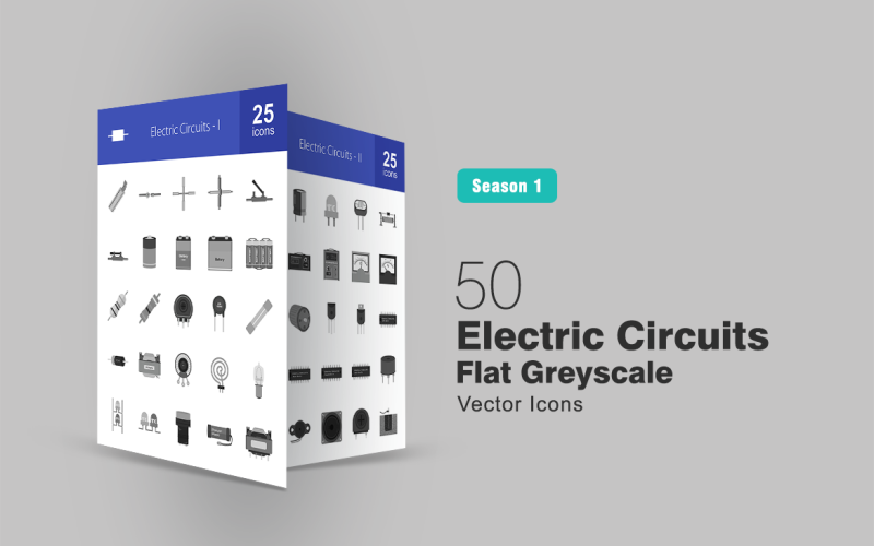 50 Electric Circuits Flat Greyscale Icon Set