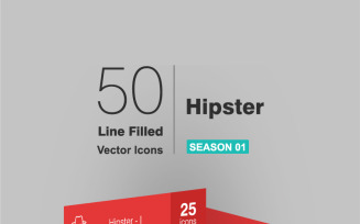 50 Hipster Filled Line Icon Set