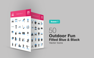 50 Outdoor Fun Filled Blue & Black Icon Set