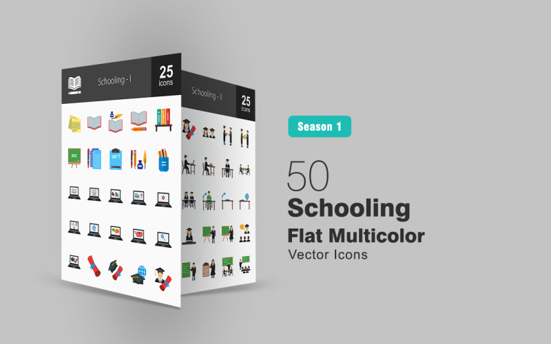 50 Schooling Flat Multicolor Icon Set