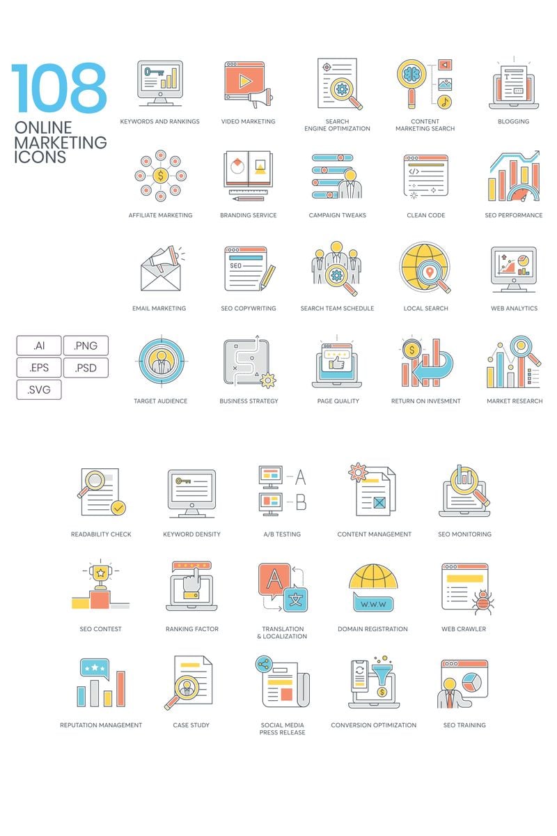 Iconset šablona "108 Online Marketing Icons - Color Line Series" #94318