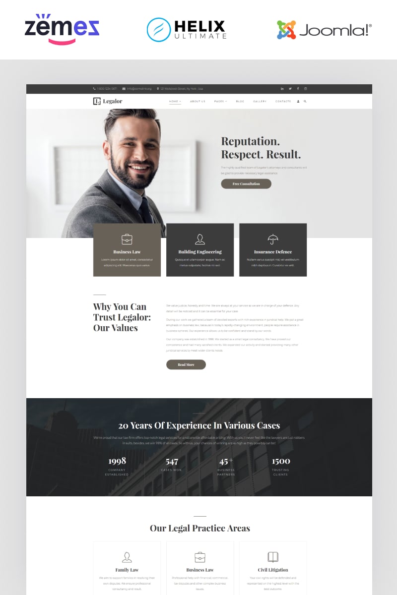 Joomla Vorlage namens "Legalor - Lawyer Multipage Clean Joomla Theme" #94398