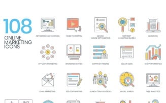 108 Online Marketing Icons - Color Line Series Set
