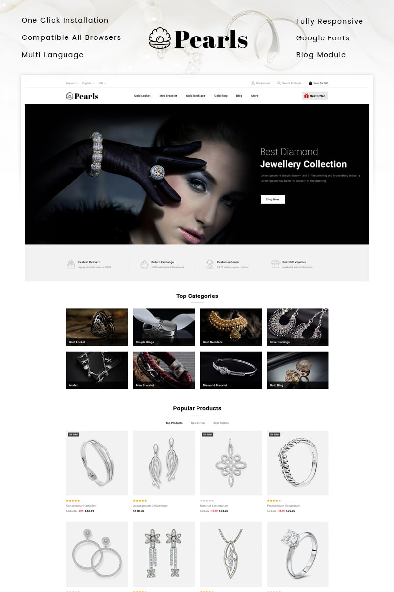 "Pearls - Jewellery Store" - адаптивний PrestaShop шаблон №94381 - скріншот