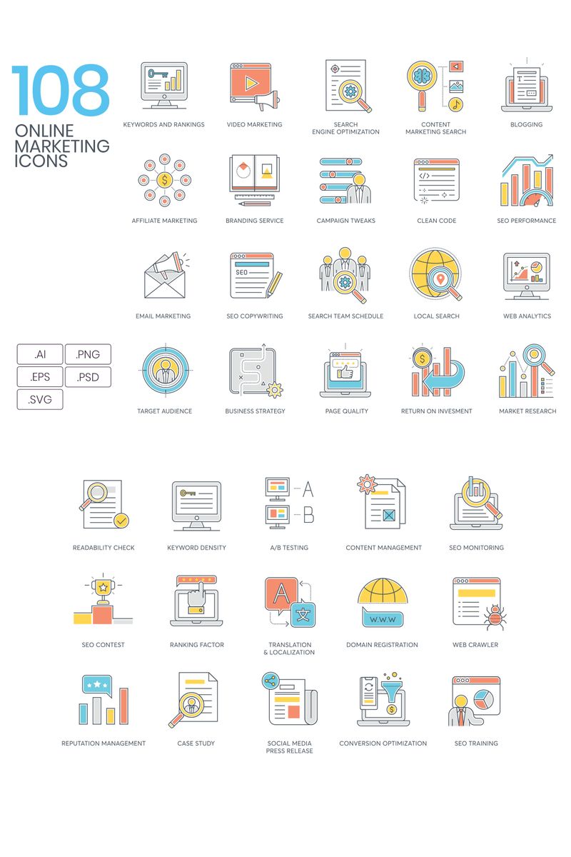 Plantilla De Conjunto De Iconos "108 Online Marketing Icons - Color Line Series" #94318 - captura de pantalla