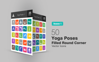 50 Yoga Poses Filled Round Corner Icon Set