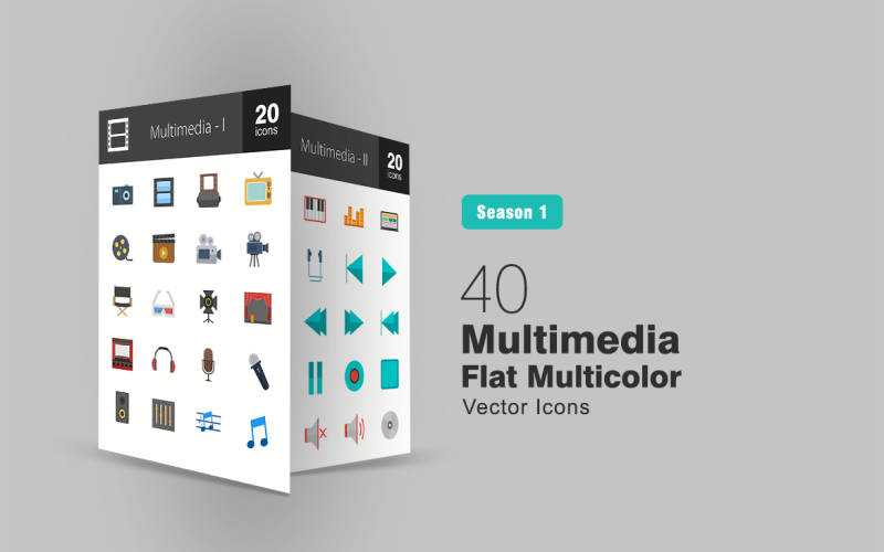 40 Multimedia Flat Multicolor Icon Set